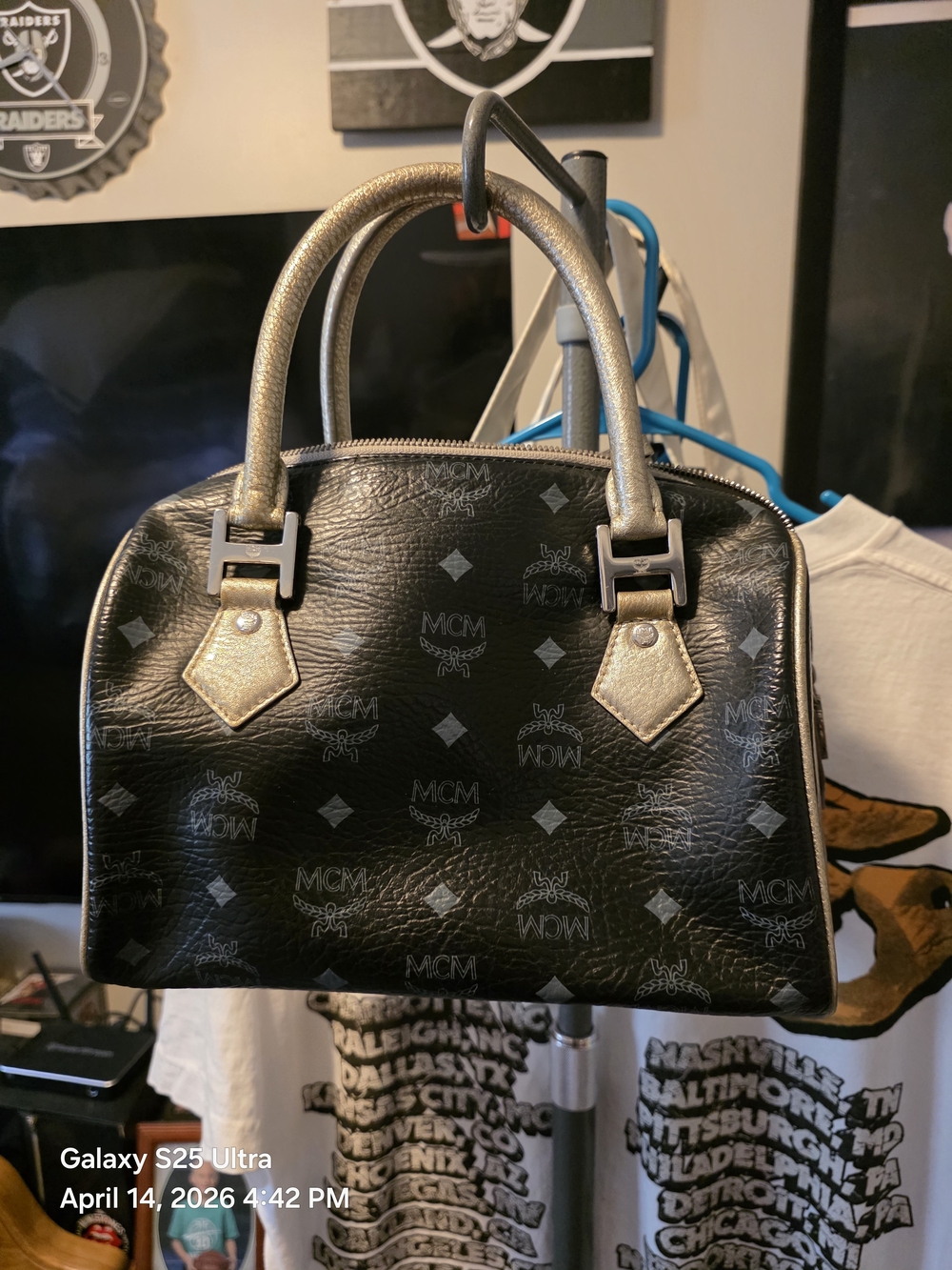 SOLD)))MCM Metallic Black Leather Small/Med Boston Bag W/ Gold and Pink Accents. - Picture 7 of 15